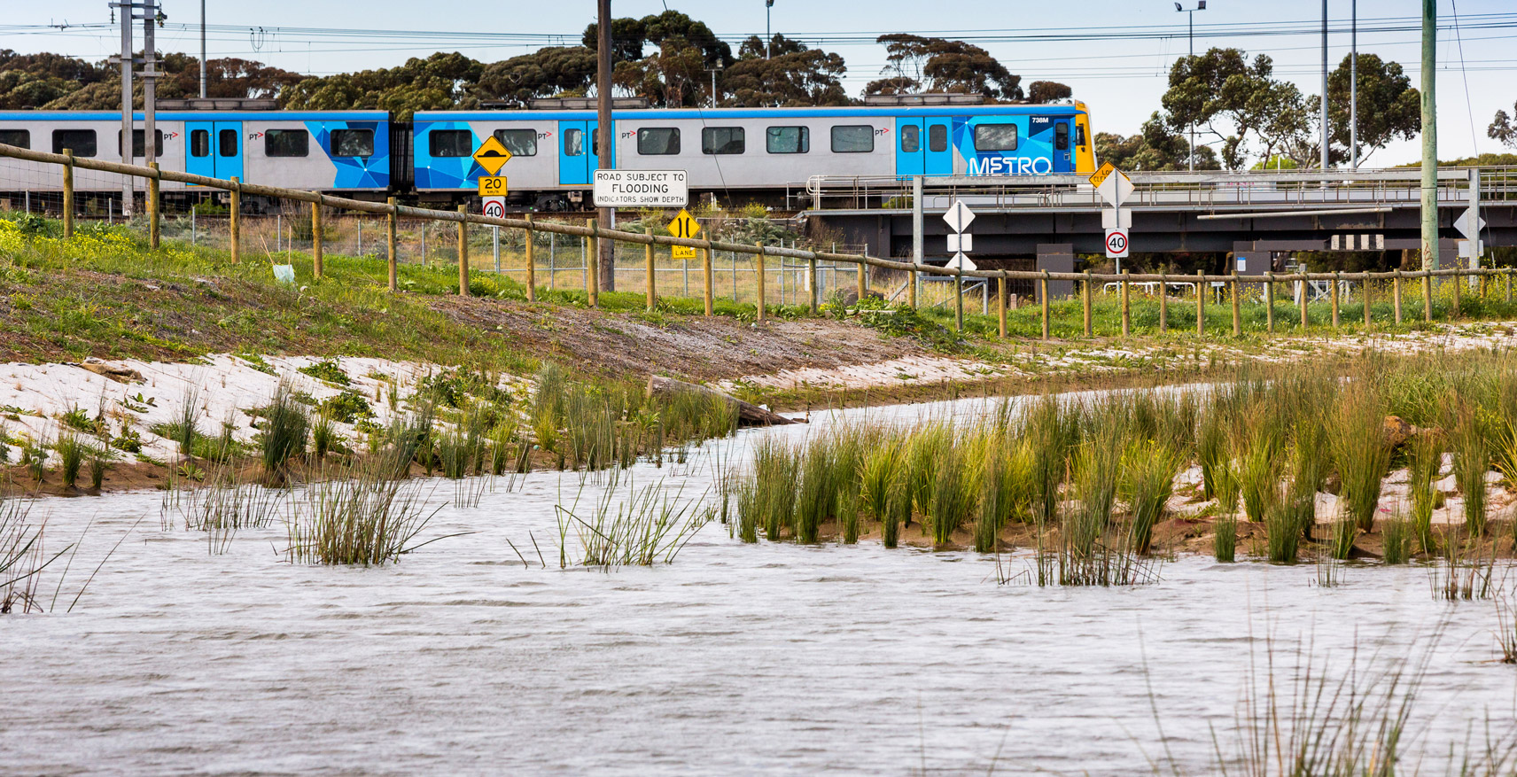 Image of wetlands and a train going past in the background