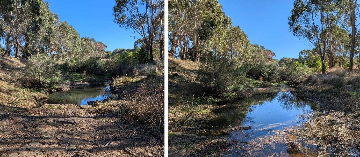 Two images of Deep Creek - on the left a dry creek and on the right a creek with more water