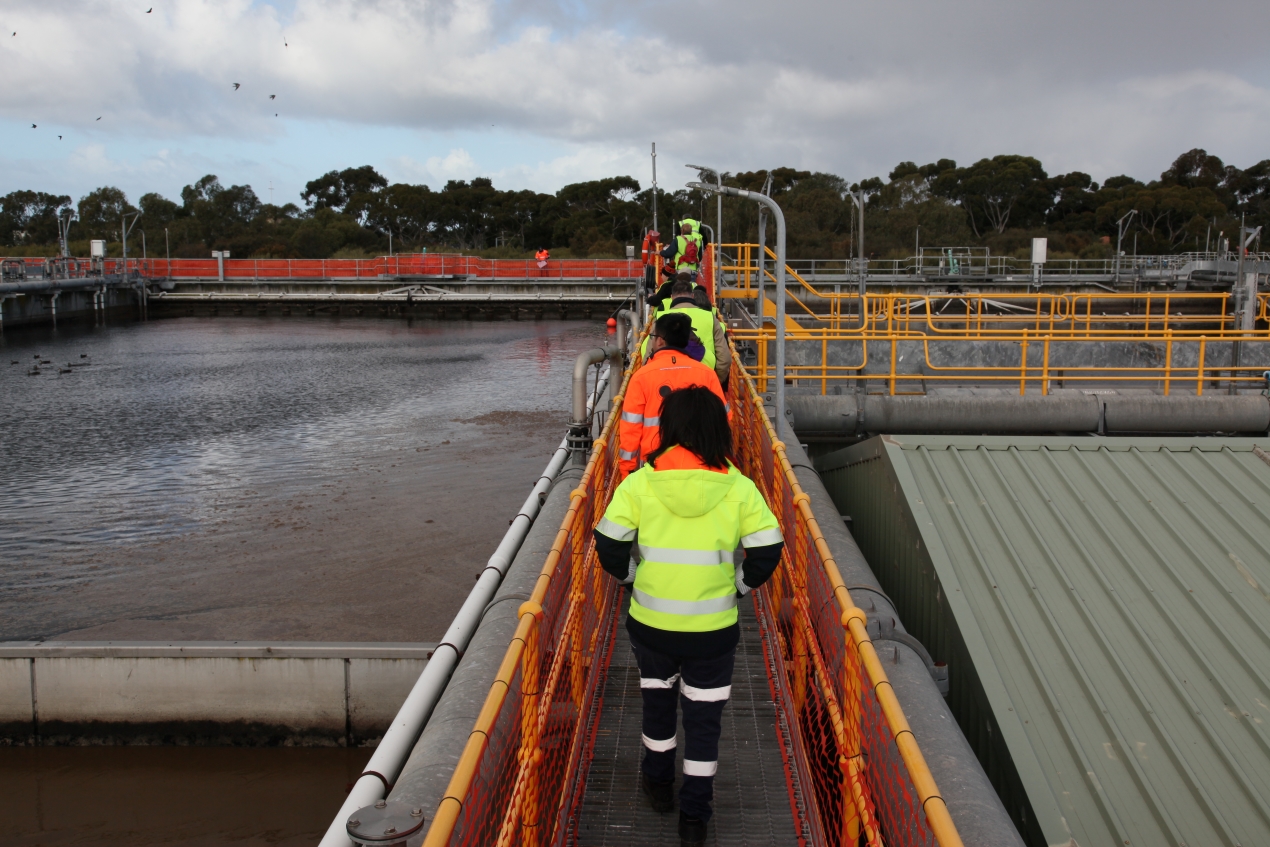 People in hi-viz vests walk alongside a treatment lagoon with a forest in the background.