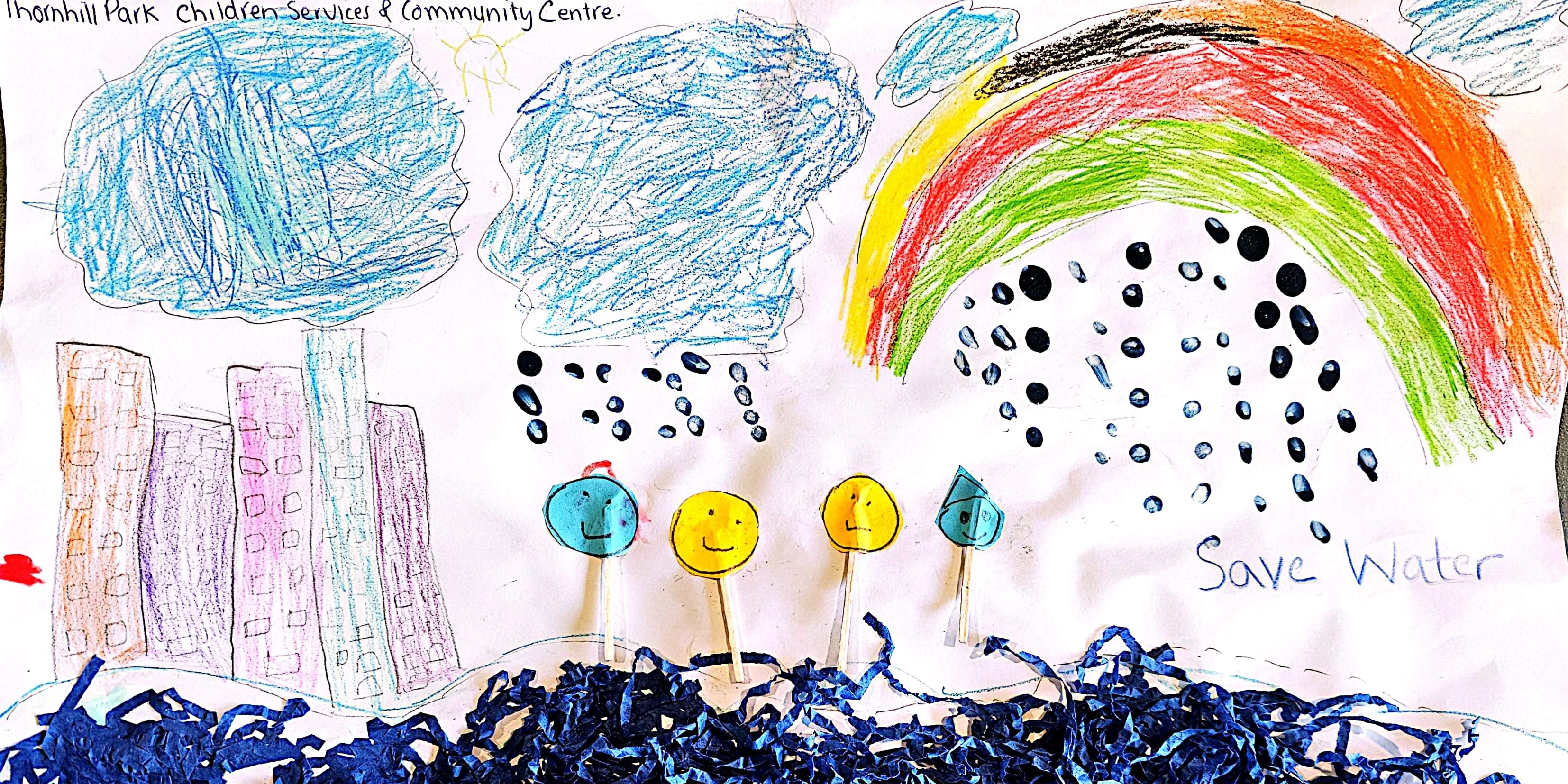 Children's artwork with text saying save water