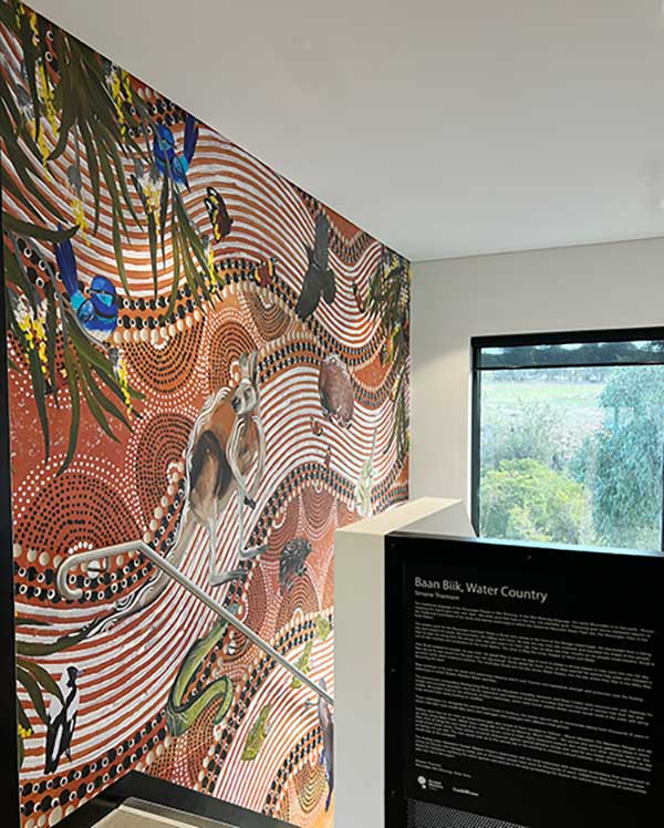 An artwork by Woi-Wurrung Wurundjeri and Yorta-Yorta artist Simone Thomson has been installed at our Gisborne Recycled Water Treatment Plant, celebrating the Wurundjeri people’s deep connection to land and water.