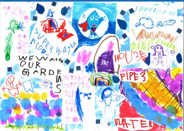 Colourful children's artwork from NWW 2025 with text saying save water