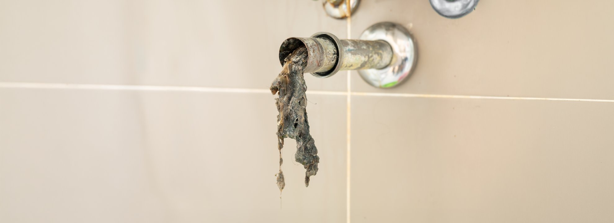 A photo of a bathroom tap fixture showing a significant amount of gunk that had been causing a blockage.