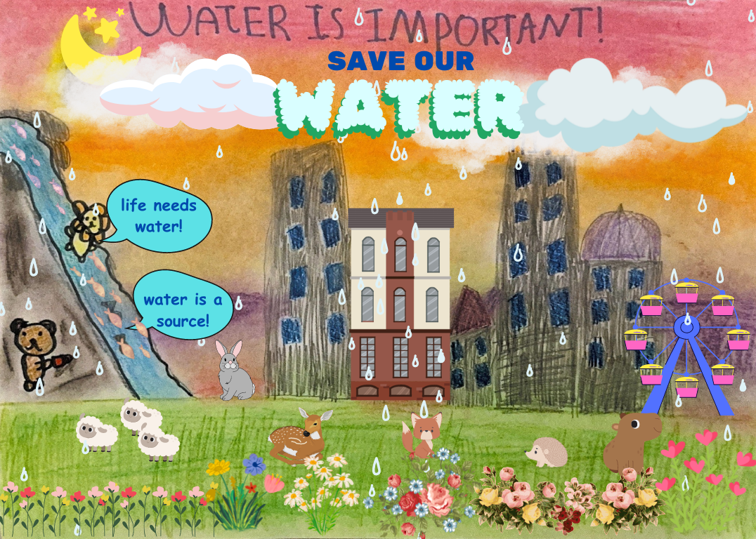 This illustration features a colorful scene with animals and nature elements emphasizing the importance of water conservation. The background shows a sunset-colored sky with buildings, a Ferris wheel, and raindrops. Animals like a dog with an umbrella, rabbits, sheep, and a bear are present. Two speech bubbles state, "life needs water!" and "water is a source!" The message "Water is important! Save our water" is prominently displayed. The foreground is decorated with flowers and grass.