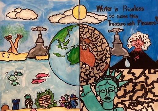 A colorful drawing is split into two halves. The left side shows a vibrant Earth with lush landscapes, marine life, and flowing water under a sunny sky. The right side depicts a barren Earth, with cracked soil, a dried-up ocean, and a volcano. Above, a water droplet falls from a faucet. The Statue of Liberty is depicted in the foreground. Text reads: "Water is Priceless so save this Treasure with Pleasure!