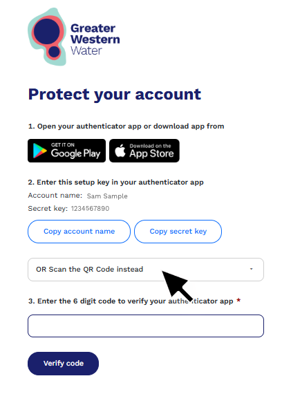 Instruction to choose ‘Get a code from my authenticator’, download or open your authenticator app, then enter the account name and secret key or scan the QR&nbsp;code.