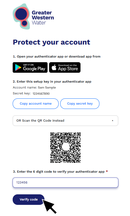 Instruction to "Verify using authenticator app" screens. Protect your account by opening authenticator app and enter the secret key.