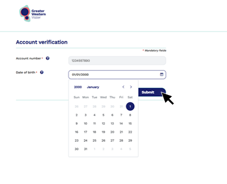 Instruction to enter your date of birth using the calendar or by typing it in. Click ‘Submit’ to finish your registration.