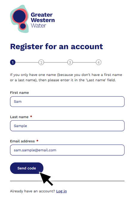 The Log In window for "Register for an account". The screen contains fields for first name, last name and email address. The blue "send code" button is highlighted by a large black tick.