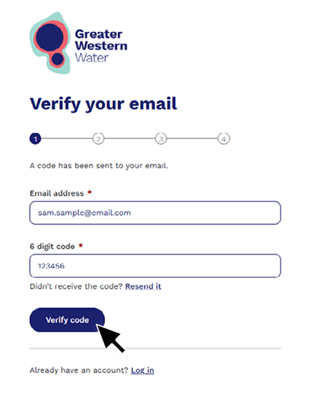 The Log In window for "Verify your email". The screen contains fields for email address and a 6 digit code. The blue "Verify code" is highlighted by a large black tick.