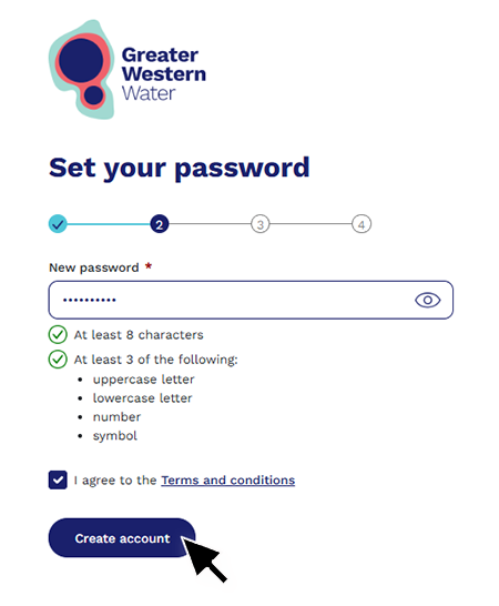 The Set your password window. The blue "Create account" button is highlighted by a large black tick.