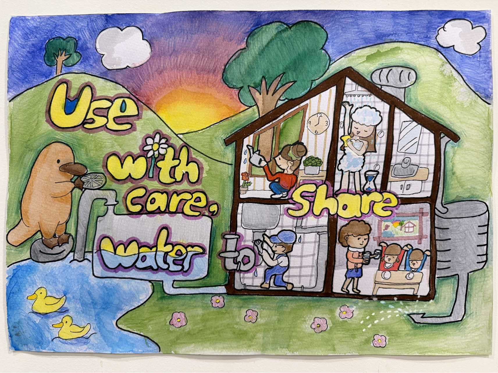 An illustration of a house on a hill, including a family using water and text that says 'Use with care, water to share'. The drawing also features a platypus, ducks, a lake, trees and flowers.
