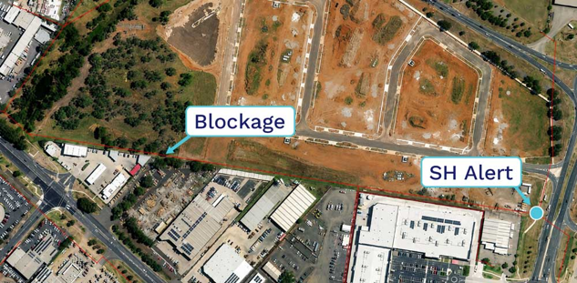 A map showing locations of the sewer blockage and StormHarvester technology alert