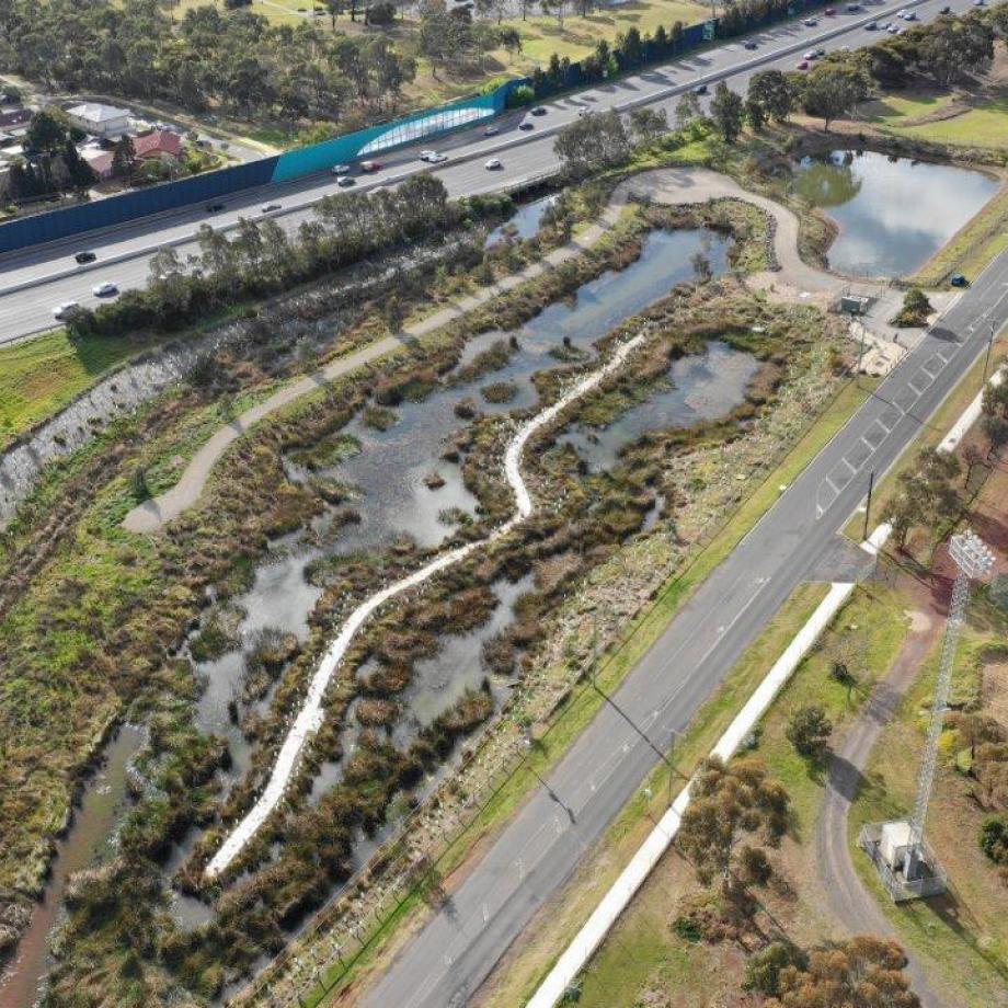 Aerial photograph of Laverton Creek Wetlands in Altona