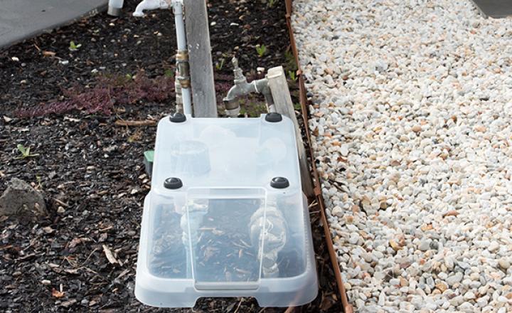A photograph showing a plastic container placed upside down over the water meter protecting it from being frozen.