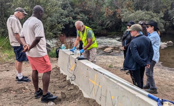 A group of people conducting water quality testing at Cobbledicks Streamside Reserve.