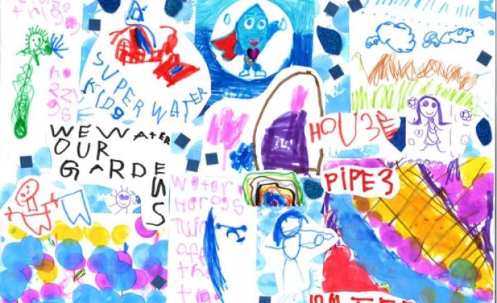 Colourful children's artwork from NWW 2025 with text saying save water