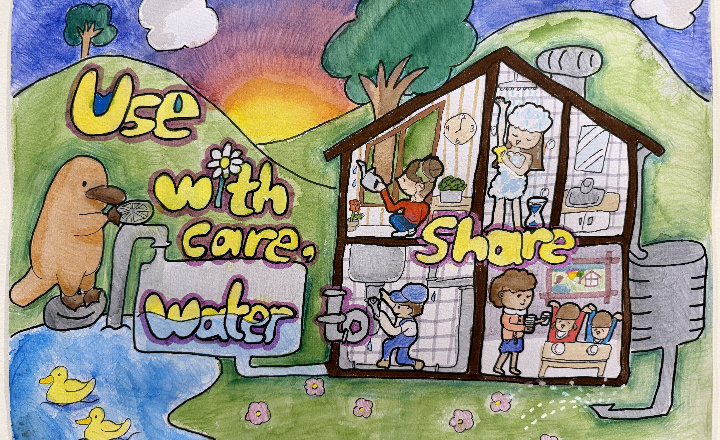 An illustration of a house on a hill, with people inside using water in different ways. There is text that says 'Use with care, water to share'. The image also features a platypus, ducks, a lake, trees and flowers. 