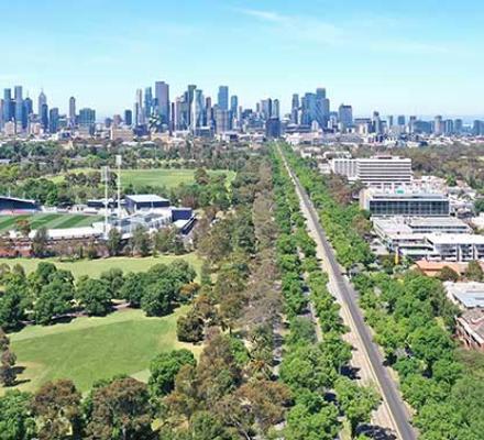 An aerial view of Royal Parade looking towards the Melbourne CBD after the water main renewal was completed.