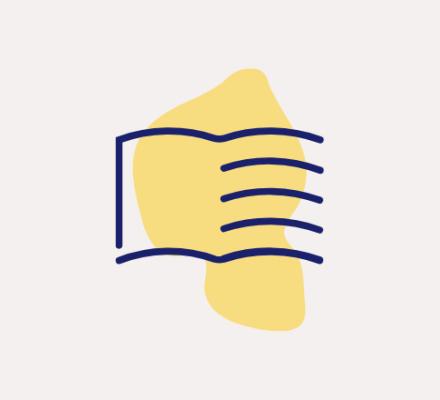 A blue icon of an open book sitting on a light-yellow coloured blob.