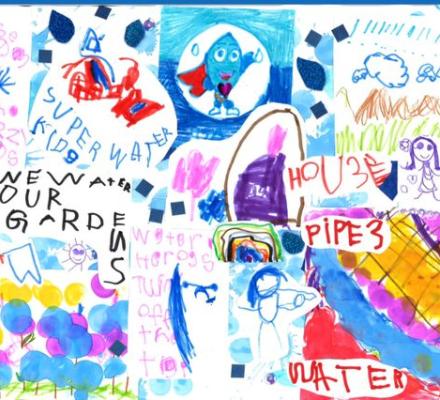 Colourful children's artwork from NWW 2025 with text saying save water
